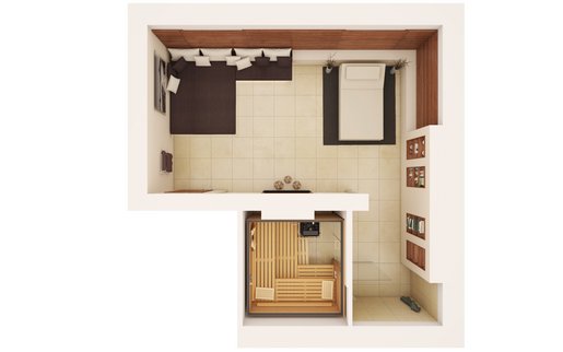 Idées KLAFS pour les espaces sauna: plan d’implantation avec espace bien-être chez soi