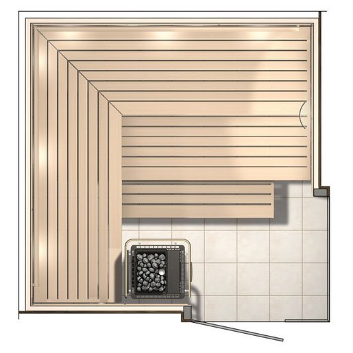 Plan de sauna typique pour l'installation d'un sauna à domicile : le plus souvent, les bancs de sauna sont disposés en angle
