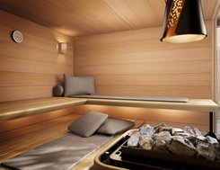Aménagement intérieur stylé du sauna AURA : avec MOLLIS et les luminaires suspendus ROMEO & JULIETTE, profitez du sauna confortablement dans le sauna extérieur TARAS